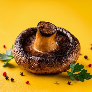 Fresh healthy grilled portobello mushrooms on yellow background