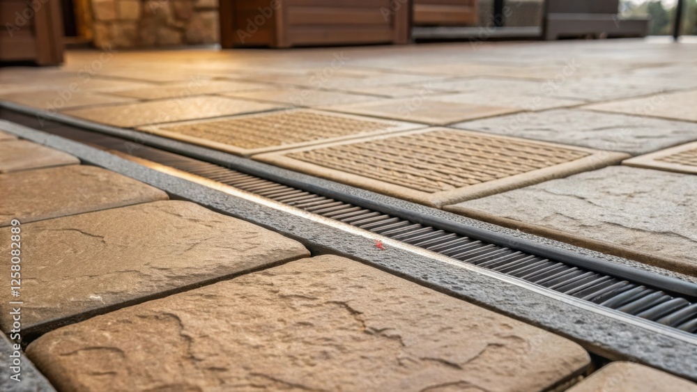 Poster a closeup view of textured stone tiles on a patio with integrated heating elements visible beneath t