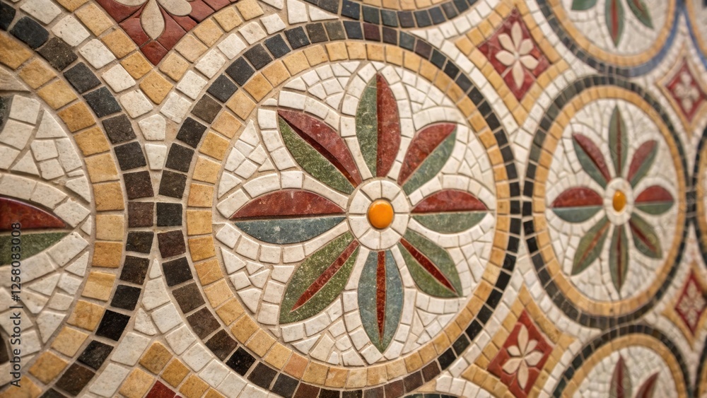 Poster A closeup view of the intricate details in a mosaic stone tile pattern showcasing the craftsmanship and artistry in bathroom tiling.