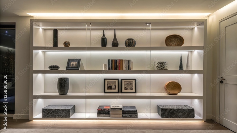 Poster a contemporary bookshelf lit from below with cool white led lights highlighting a sleek arrangement 