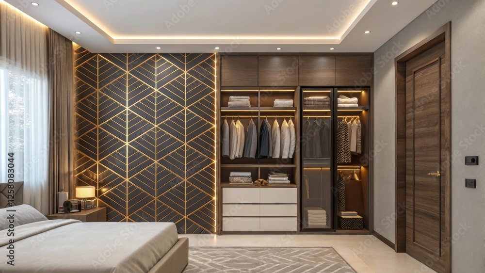 Poster a contemporary master bedroom featuring a striking feature wall of geometric patterns complemented b