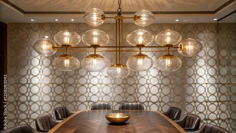 Poster a contemporary brass chandelier featuring multiple spherical glass orbs casts intricate shadows on a
