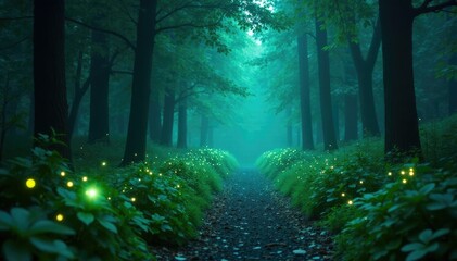 Fototapeta premium mystical forest path with glowing green fireflies and teal glow, enchanting, glow, mystic
