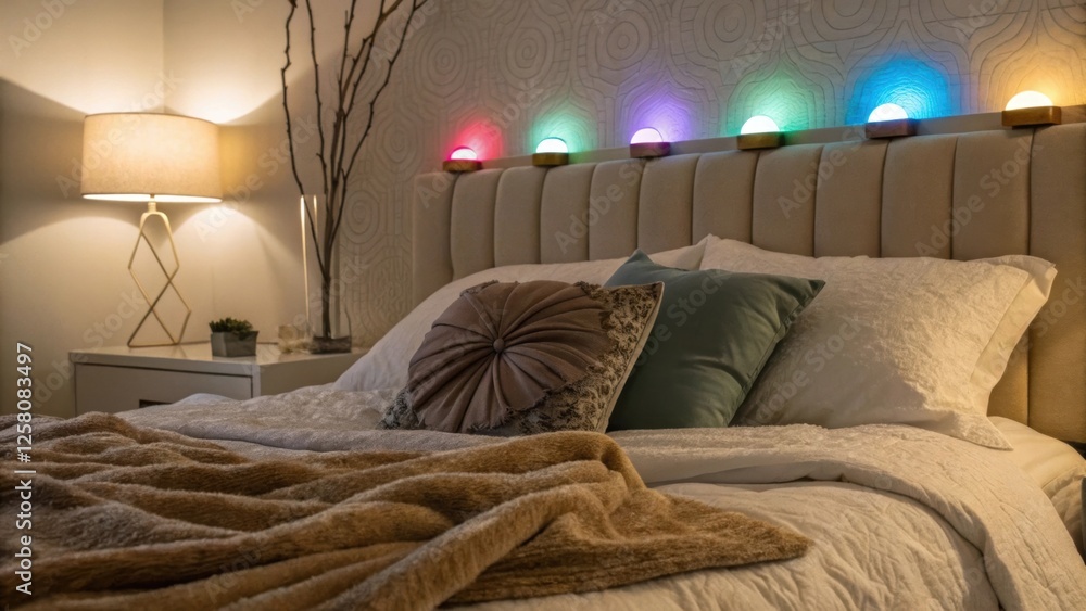 Poster A decorative element featuring a of reading lights above a plush bed each light cast in subtle colors that accentuate the rooms calming atmosphere.