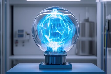 A mesmerizing plasma globe displays intricate blue electrical discharges within a clear glass sphere.