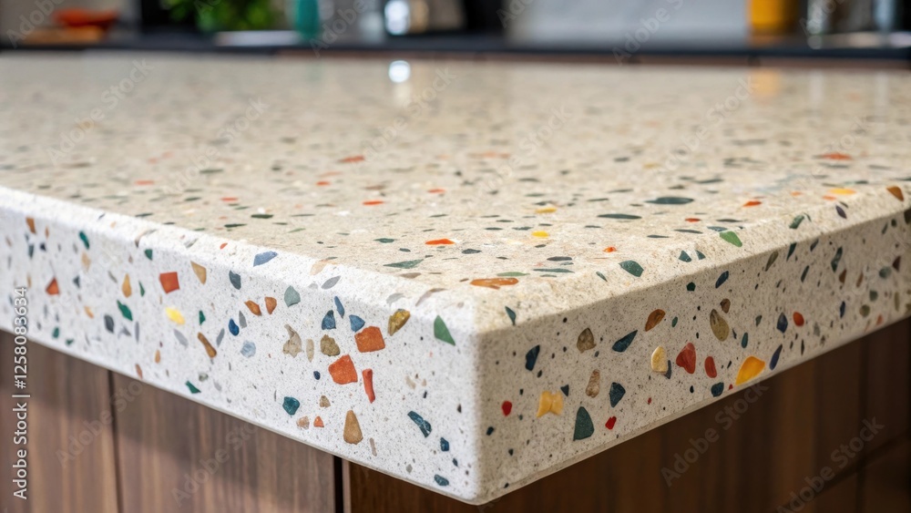 Poster A detailed medium closeup of the smooth surface of a terrazzo countertop dotted with colorful chips inviting touch and scrutiny while demonstrating its modern appeal.