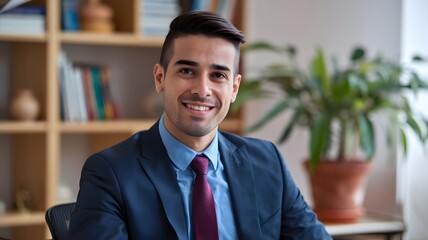 Portrait of a Happy Successful Businessman Smiling Confidently in his Modern Office Wearing a Stylish Blue Suit and Burgundy Tie Professional Corporate Image job male work room desk goal style books  