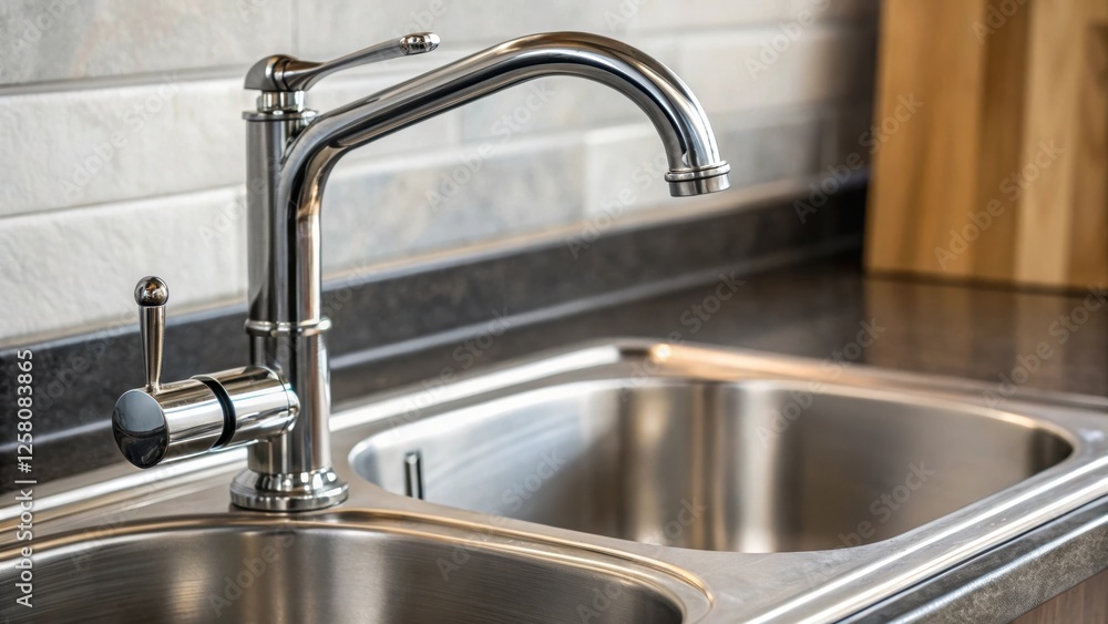 Poster a detailed view of a faucets sleek spout as it gracefully arcs over a deep stainless steel sink illu