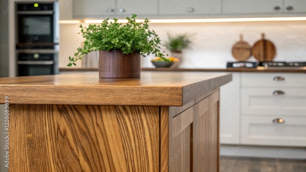 Poster a detailed view of the edge of a kitchen island extension with a rich wood grain texture complemente