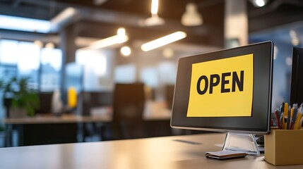 open sticky note on computer monitor, workplace break and remote work concept

