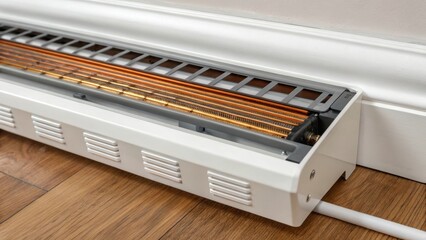 A detailed view of the underside of the baseboard showing the innovative heating elements and the heatdissipating design that ensures efficient warmth.