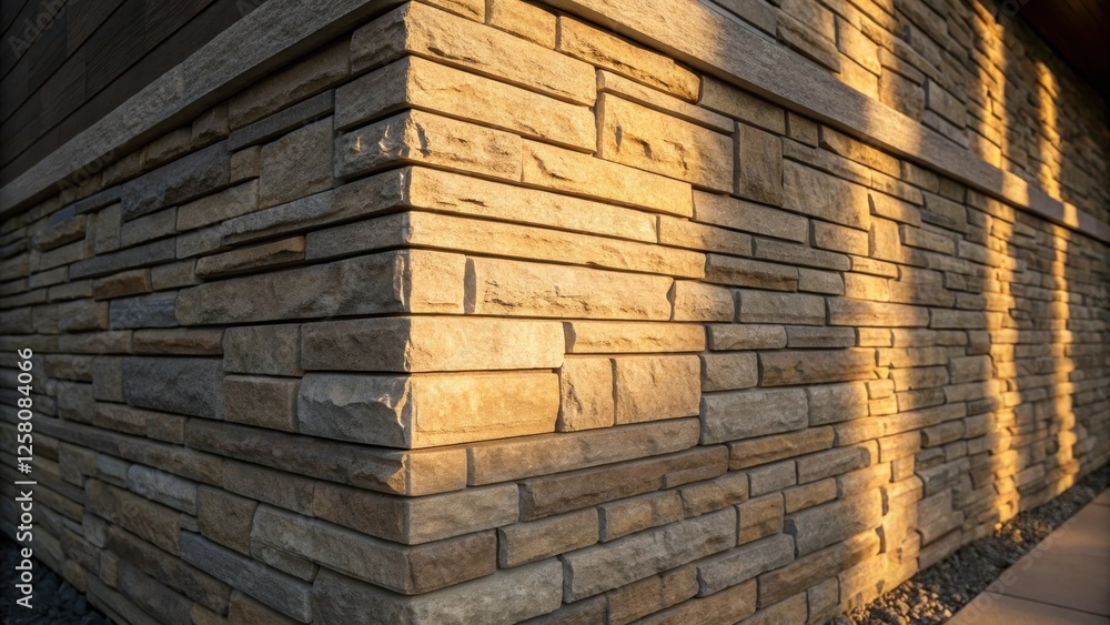 Leinwandbilder A dynamic shot capturing the corner of a stoneclad accent wall where the interplay of light and shadow creates a dramatic visual effect emphasizing the depth and dimension of the
