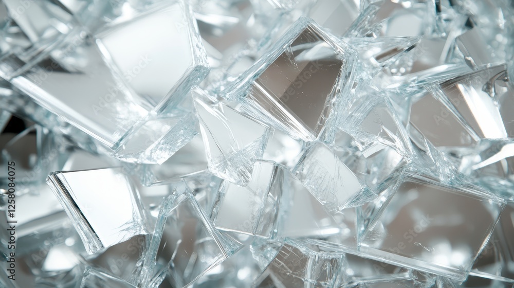 Poster a detailed view of fractured glass pieces scattered on a surface, highlighting the unique shapes and