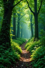 Naklejka premium Overgrown coniferous forest path with dense foliage and vines, trees, forest floor, wilderness
