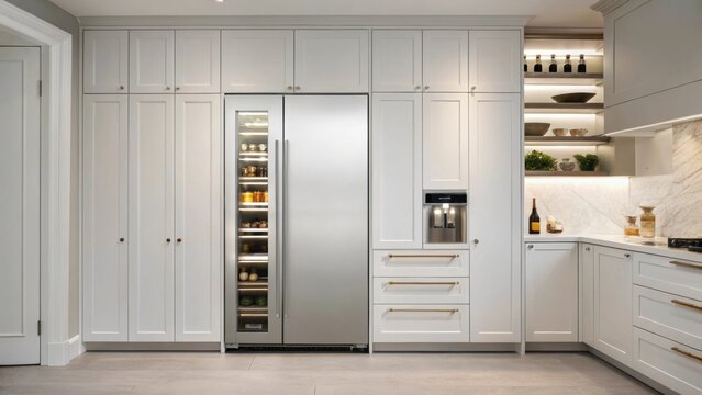 A dramatic closeup of an integrated refrigerator seamlessly built into the cabinetry emphasizing the modern and uncluttered appearance of the kitchen.