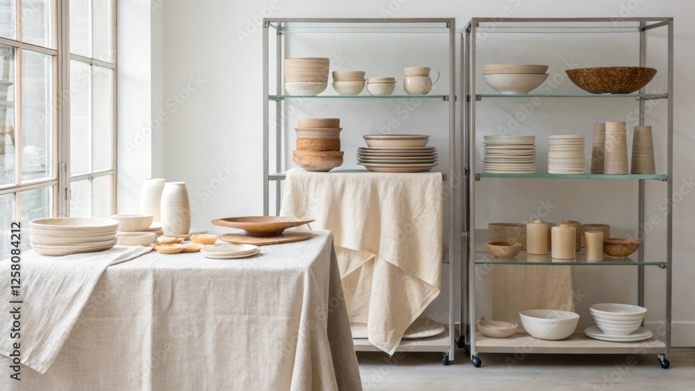Poster a fresh and airy space characterized by clear glass open shelving displaying carefully arranged arti