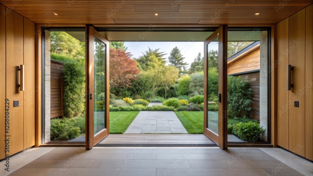 Poster a dynamic angle captures the transition between indoor and outdoor spaces as a pivot door swings ope