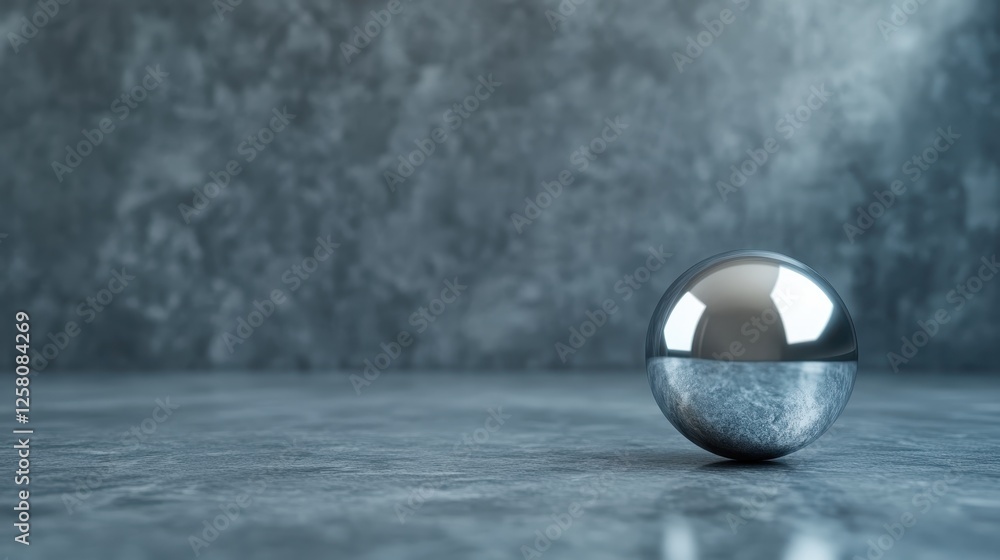Poster an artistic representation of a shiny metallic sphere resting on a textured surface, creating a mesm