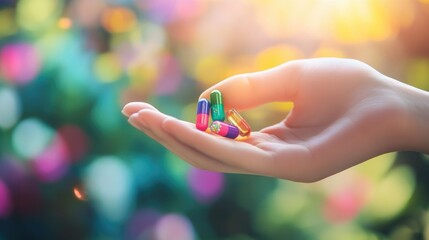 Fototapeta premium A hand holding a colorful medicine capsule, representing health and wellness, with a soft, energetic background evoking vitality and well-being.