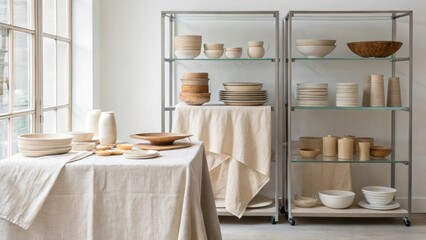 A fresh and airy space characterized by clear glass open shelving displaying carefully arranged artisanal kitchenware and light linen fabrics blending functionality with aesthetic