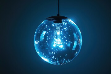 Obraz premium A glowing spherical pendant light fixture illuminates with a cool blue hue, creating a mesmerizing ambiance.