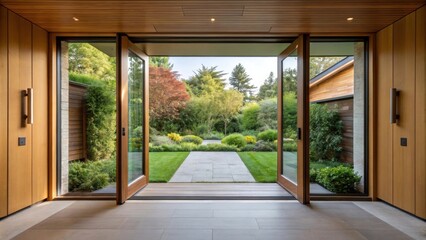 A dynamic angle captures the transition between indoor and outdoor spaces as a pivot door swings open to reveal a lush garden blurring the lines between interior and exterior.