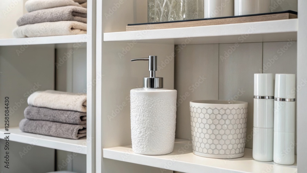 Poster a gentle zoom in on a selection of sleek modern bathroom items being carefully arranged on new reces