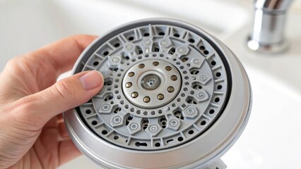 A hand inspecting the interior mechanism of a rainfall showerhead showcasing the intricate engineering that allows for a consistent and gentle flow of water.