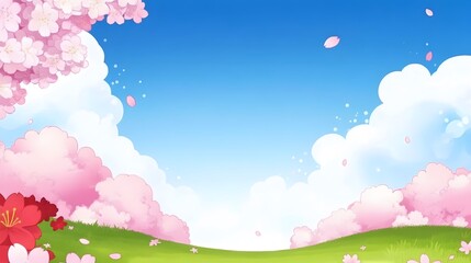 Spring Meadow Landscape with Cherry Blossoms and Blue Sky