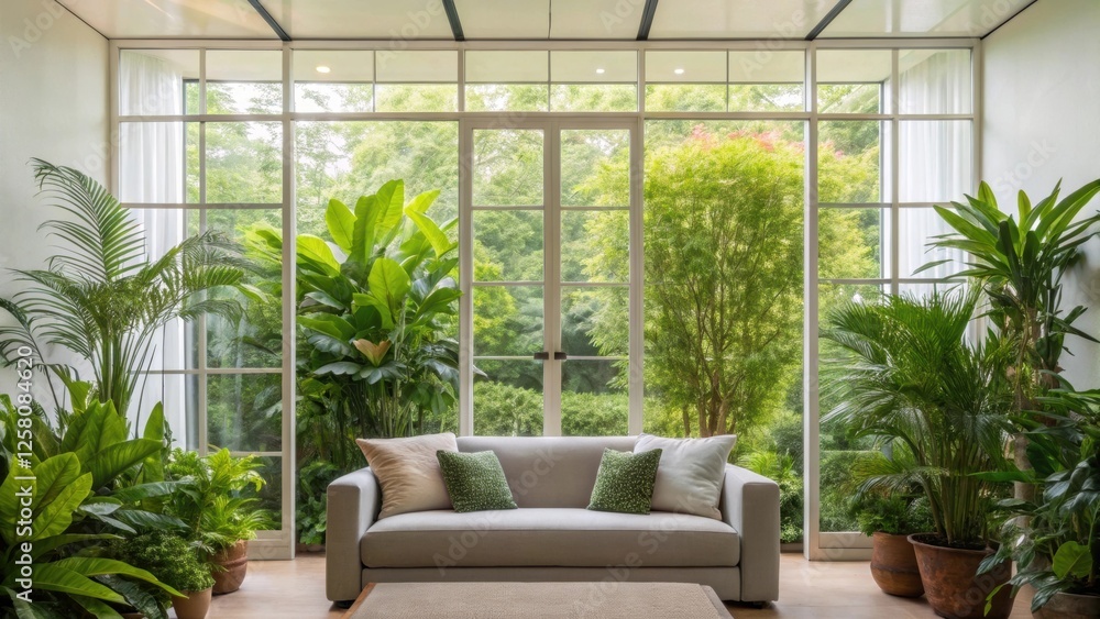 Aufkleber A living room adorned with plants focusing on how a smart glass partition brings an airy feel allowing natural light to spill into both spaces.
