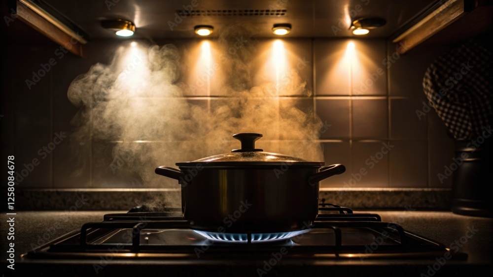 Poster a literary closeup of a steaming pot on the stove highlighted by undercabinet lights that create a d