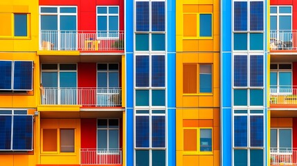 Obraz premium Colorful Modern Apartment Building with Solar Panels