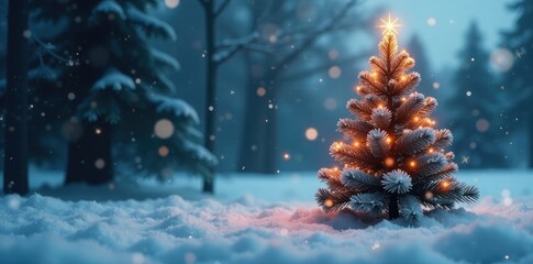 Snowflakes fall gently around the Christmas tree, winter scenery, frozen landscape, holiday season