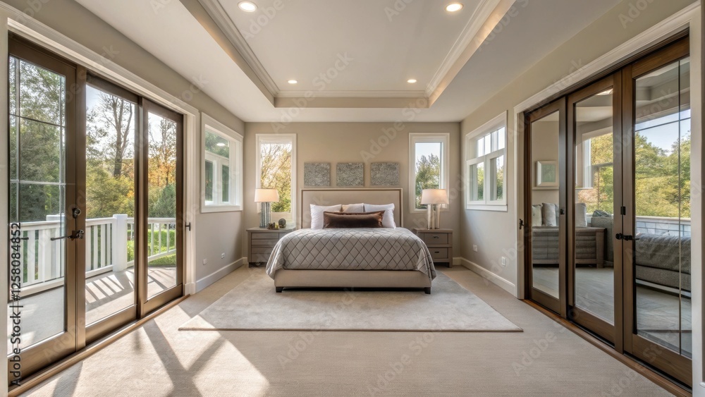 Aufkleber A medium closeup capturing a bright airy master suite where natural light flows in through large windows complementing the open layout that connects to a sizable walkin closet with