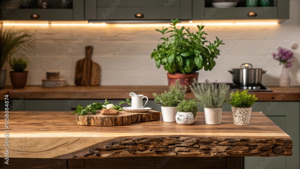 Poster a medium closeup capturing a live edge wood countertop adorned with decorative elements such as pott