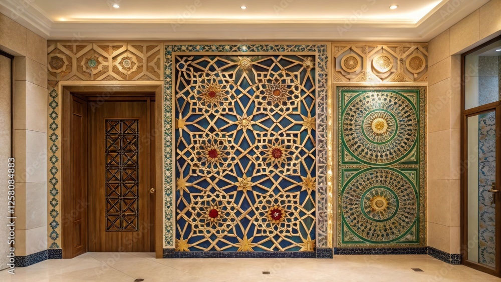 Poster A medium closeup capturing an intricate patterned tile accent wall in an entryway where geometric designs in rich colors create depth and artistic flair upon a softly lit