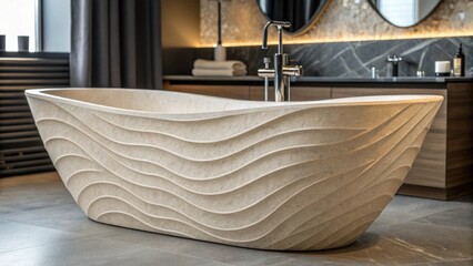 A medium closeup captures the unique texture and curves of a ceramic freestanding bathtub highlighting its handcrafted quality within a contemporary bathroom setting.