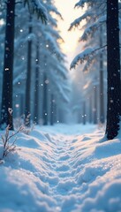 Snowflakes gently fall on frozen forest floor, snow, winter