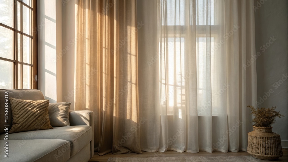 Aufkleber A medium closeup capturing soft diffused light filtering through curtains enhancing the lofts warmth while maintaining an air of simplicity.