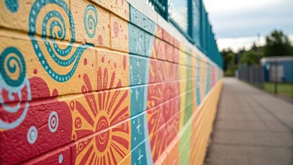 A medium closeup capturing a playful mix of paint and stenciled designs on a feature wall with layers of color giving a sense of dimension and movement.