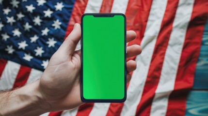 photograph of hand holding smartphone with green screen chromakey for mobile application mockup on background of USA flag.