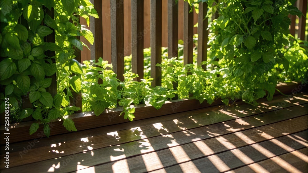 Poster a medium closeup capturing the sunlight filtering through leaves of a vertical herb garden casting i