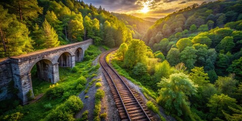Fototapeta premium Drone Photography: Overgrown Railroad Tracks Near Old Stone Dam