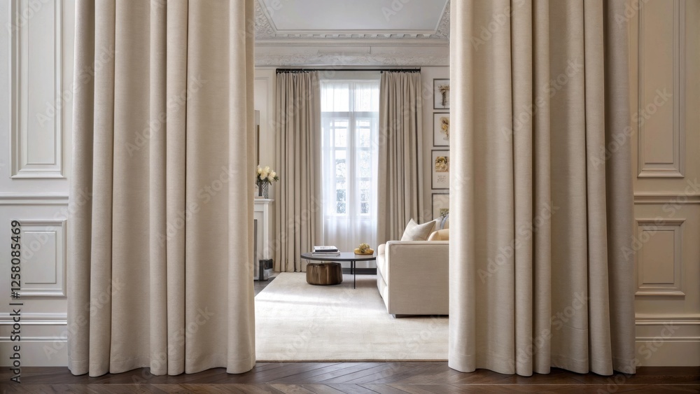 Poster a medium closeup displaying the curtains hemline hanging perfectly straight with a background of a c