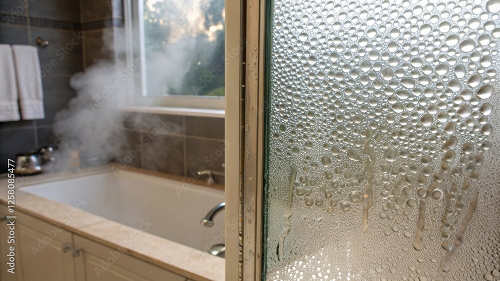 Poster A medium closeup displaying the textured pattern of the frosted glass with droplets of water condensed on the surface illustrating its use in a humid bathroom environment.