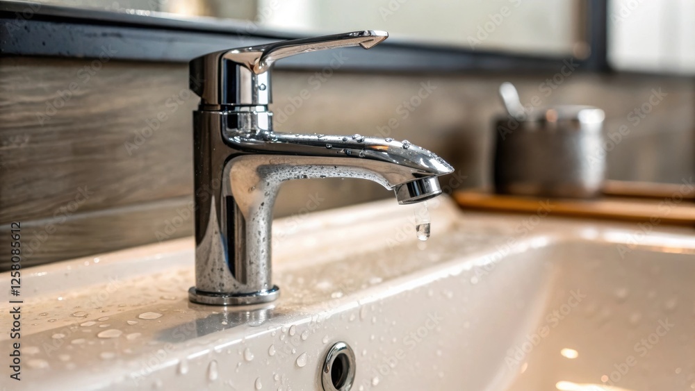 Poster A medium closeup features a polished chrome faucet mounted above the sink of a floating vanity with droplets emphasizing the blend of functionality and style.