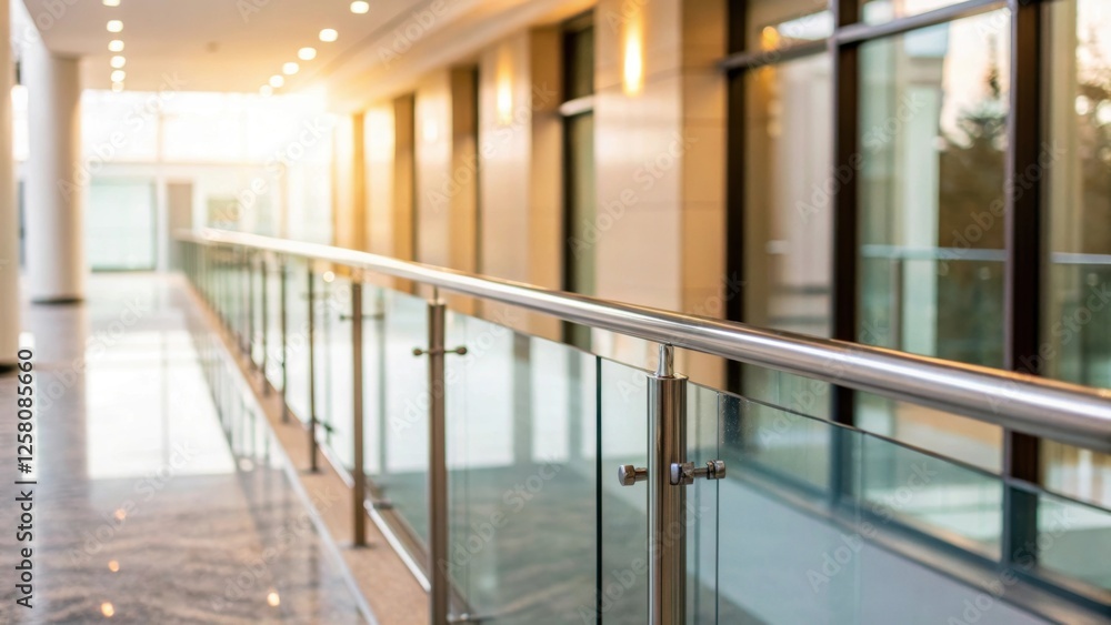 Leinwandbilder a medium closeup featuring a glass railing against a backdrop of a brightly lit hallway capturing ho