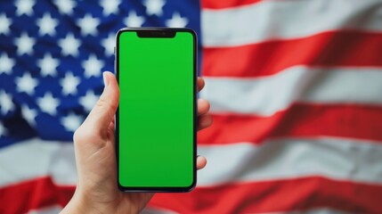 photograph of hand holding smartphone with green screen chromakey for mobile application mockup on background of USA flag.