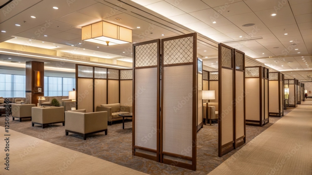 Poster A medium closeup featuring multiple room dividers in a spacious lounge area emphasizing their role in creating cozy nooks while maintaining an open airy feel in the setting.