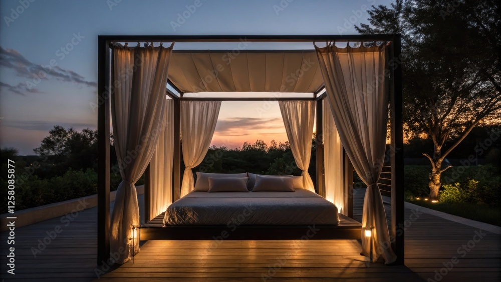 Poster a medium closeup featuring the open dropdown bed at dusk with curtains partly drawn and subtle eveni
